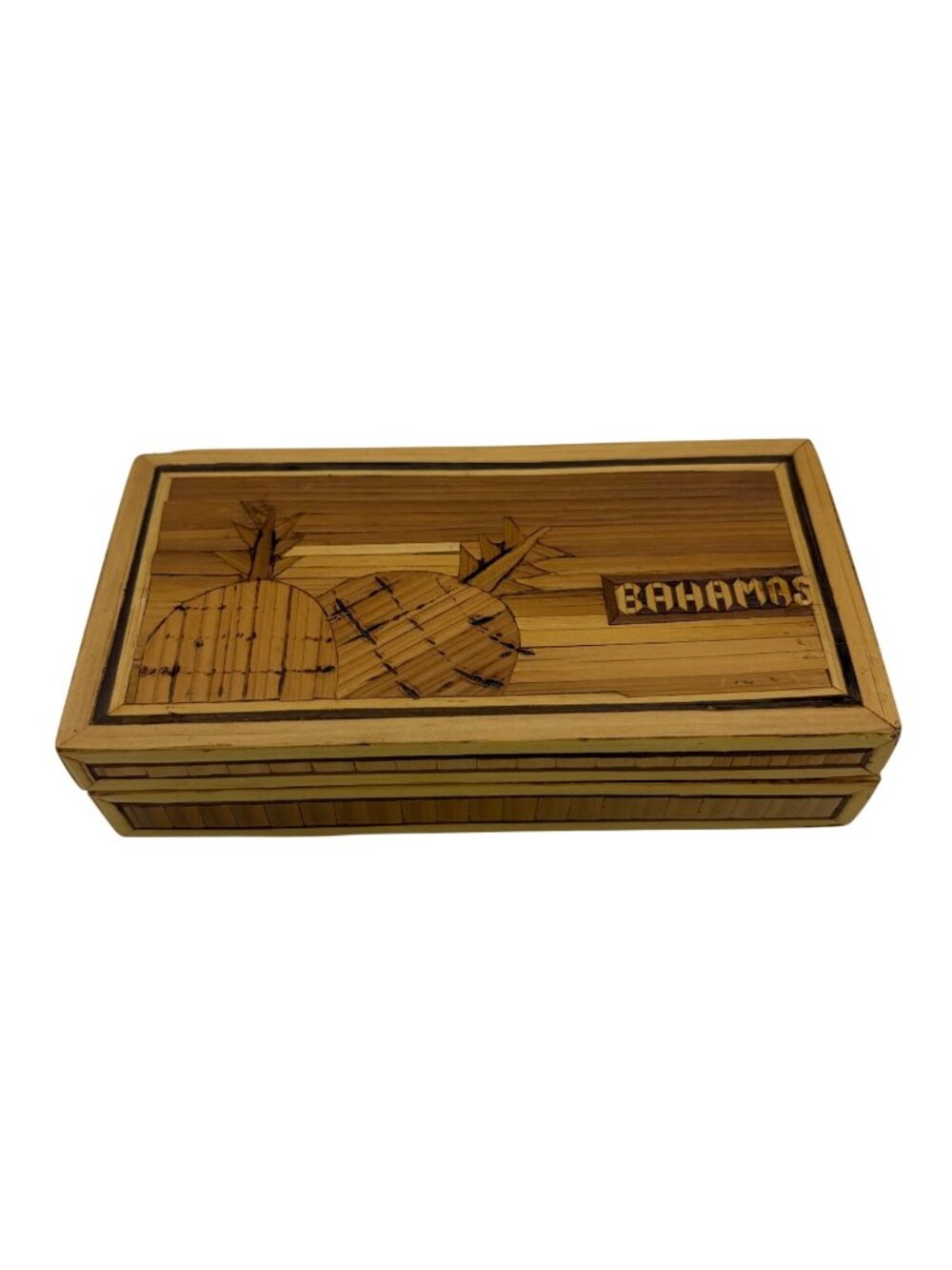 Vintage Bahamas Bamboo Straw Marquetry Trinket Box Tropical Souvenir Case